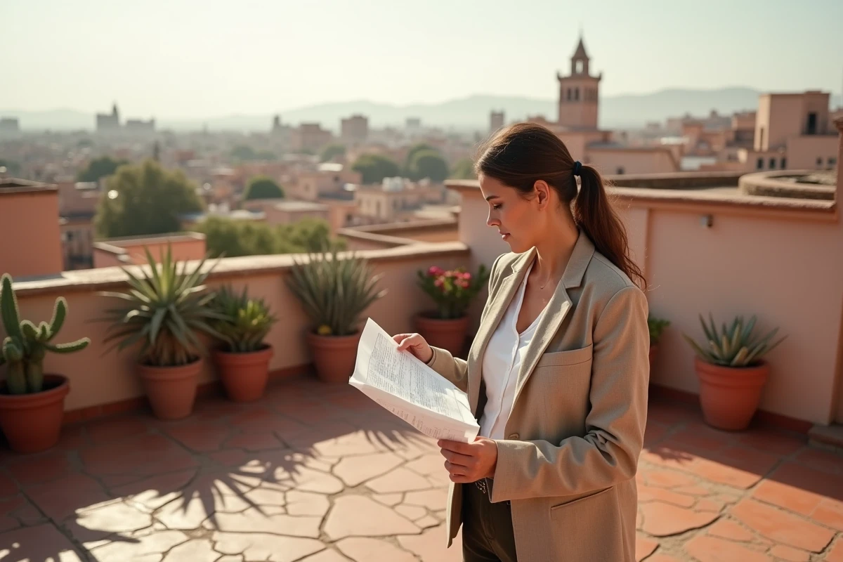 Acheteur et agent immobilier sur la terrasse d'un riad en vente dans la médina de Marrakech