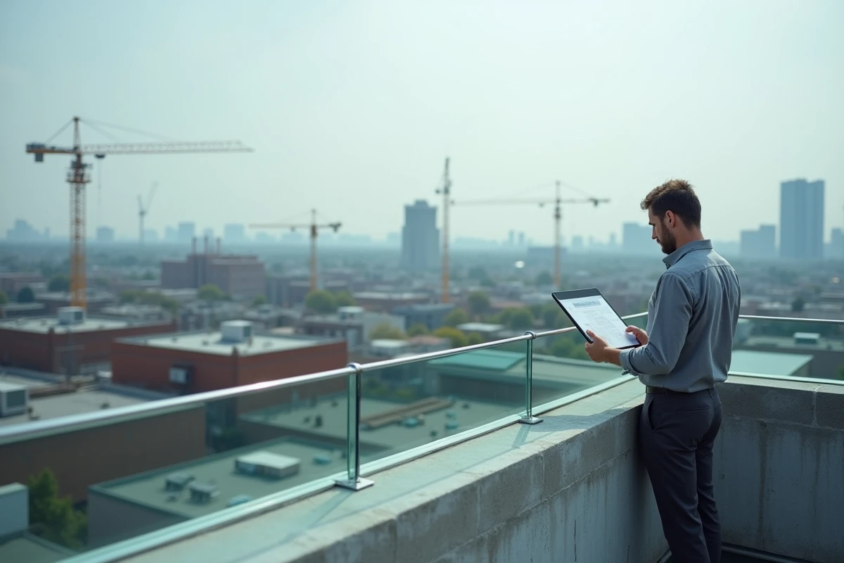 Architecte sur une terrasse de toiture observant la transformation d'un quartier industriel avec des programmes neufs en cours de construction