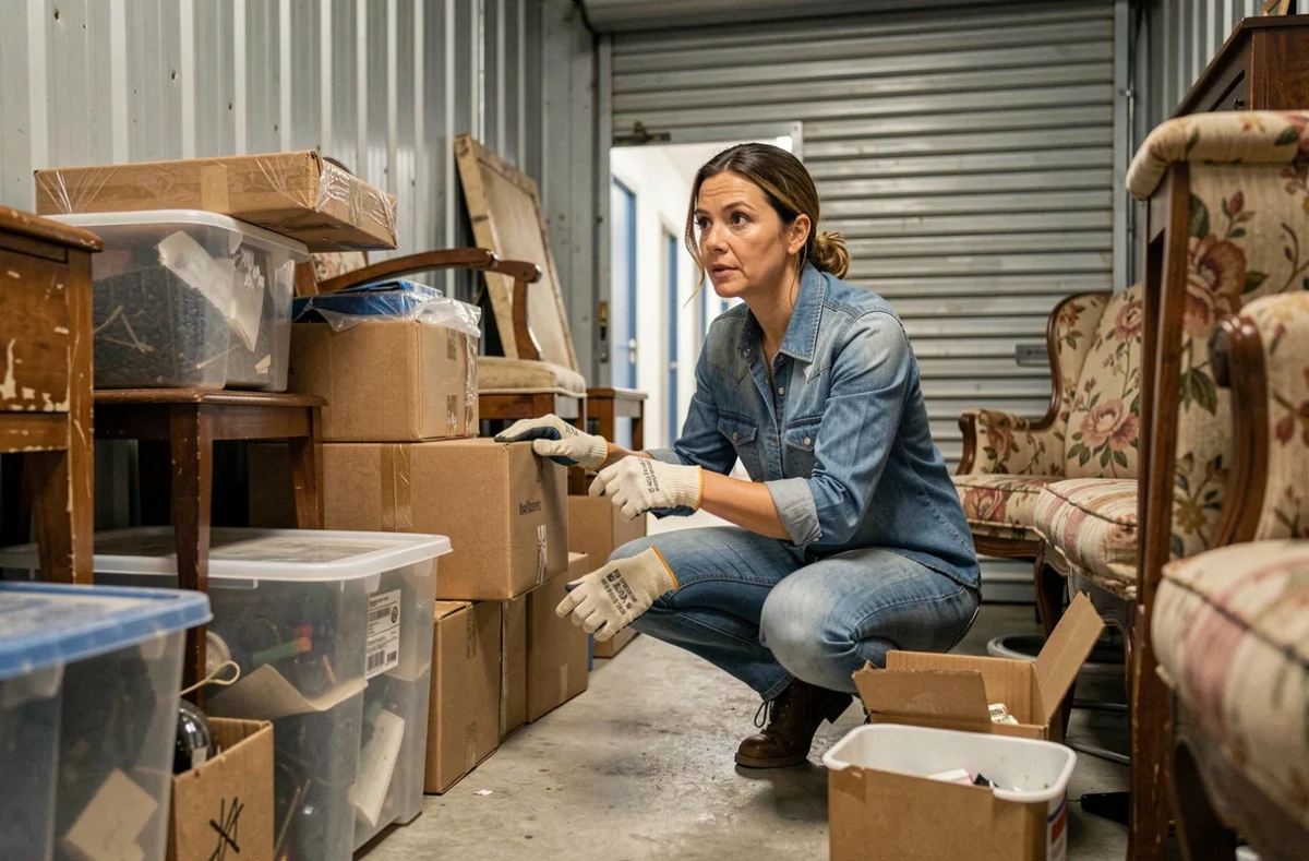 Femme triant des objets dans un box de stockage acheté aux enchères, entourée de cartons et de meubles