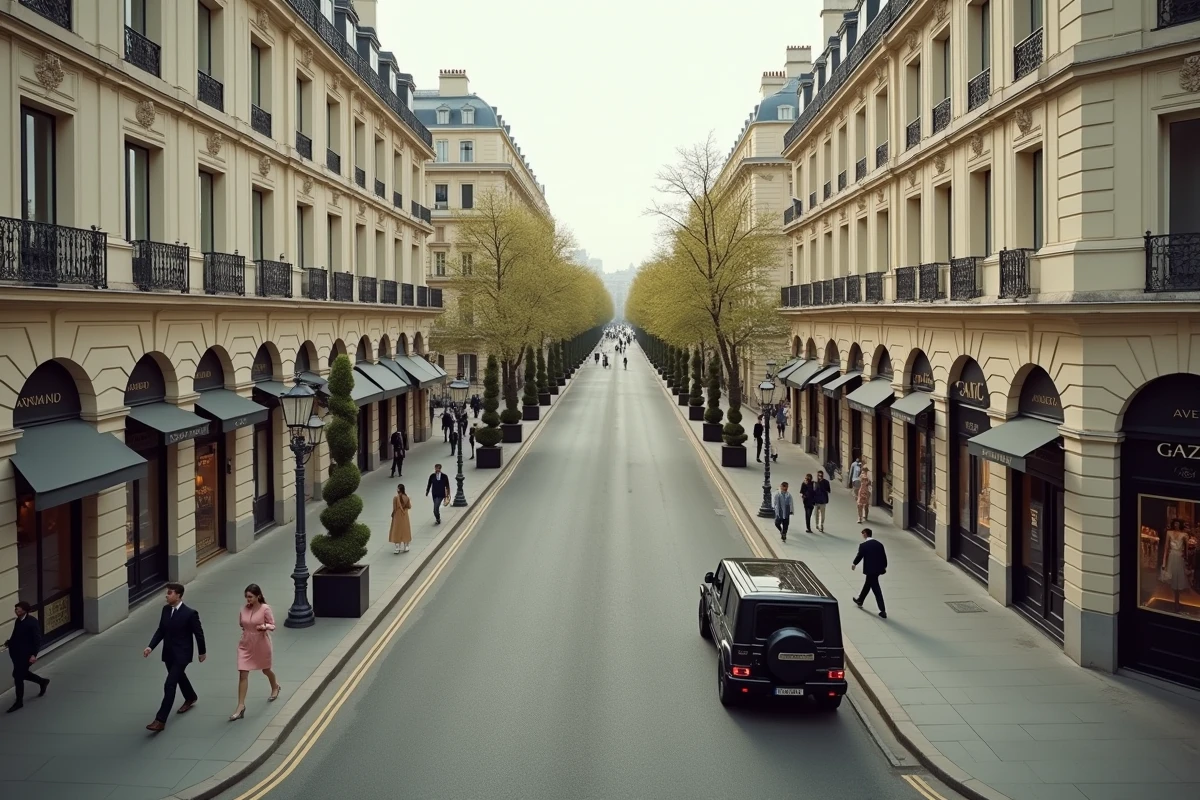Vue du Triangle d'Or à Paris avec avenue Montaigne et boutiques de luxe dans un quartier huppé du 8e arrondissement