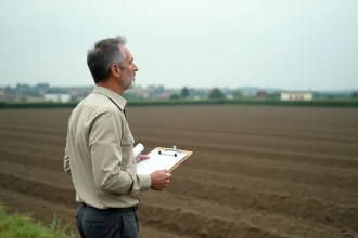 Urbaniste analysant un terrain agricole avec des documents de certificat d'urbanisme opérationnel en zone rurale française