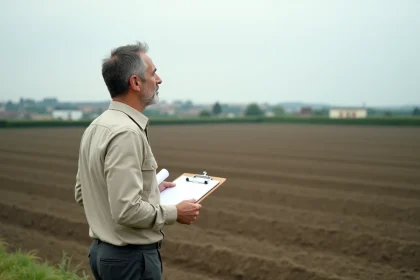 Urbaniste analysant un terrain agricole avec des documents de certificat d'urbanisme opérationnel en zone rurale française