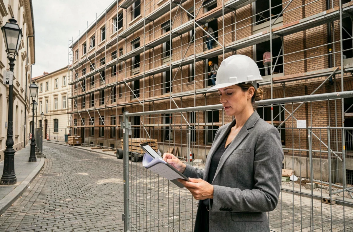 Cheffe de projet d'URBIS Réalisations devant un chantier de réhabilitation urbaine dans le centre de Toulouse