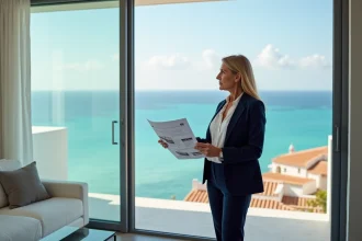 Vendeuse immobilière présentant un appartement vue mer avec document de vente à la main, vue sur la mer Méditerranée en arrière-plan
