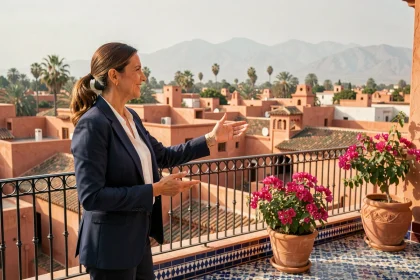 Agent immobilier présentant un appartement à vendre à Marrakech avec vue panoramique sur les toits de la médina