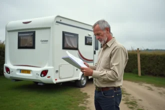 Propriétaire examinant des documents de vente d'une parcelle de terrain avec mobil-home en Vendée