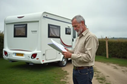Propriétaire examinant des documents de vente d'une parcelle de terrain avec mobil-home en Vendée