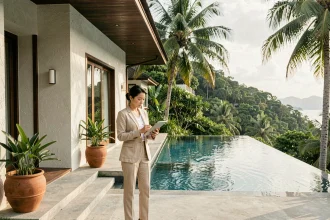Villa moderne avec piscine à débordement à vendre à Koh Samui, entourée de végétation tropicale luxuriante avec vue sur le golfe de Thaïlande