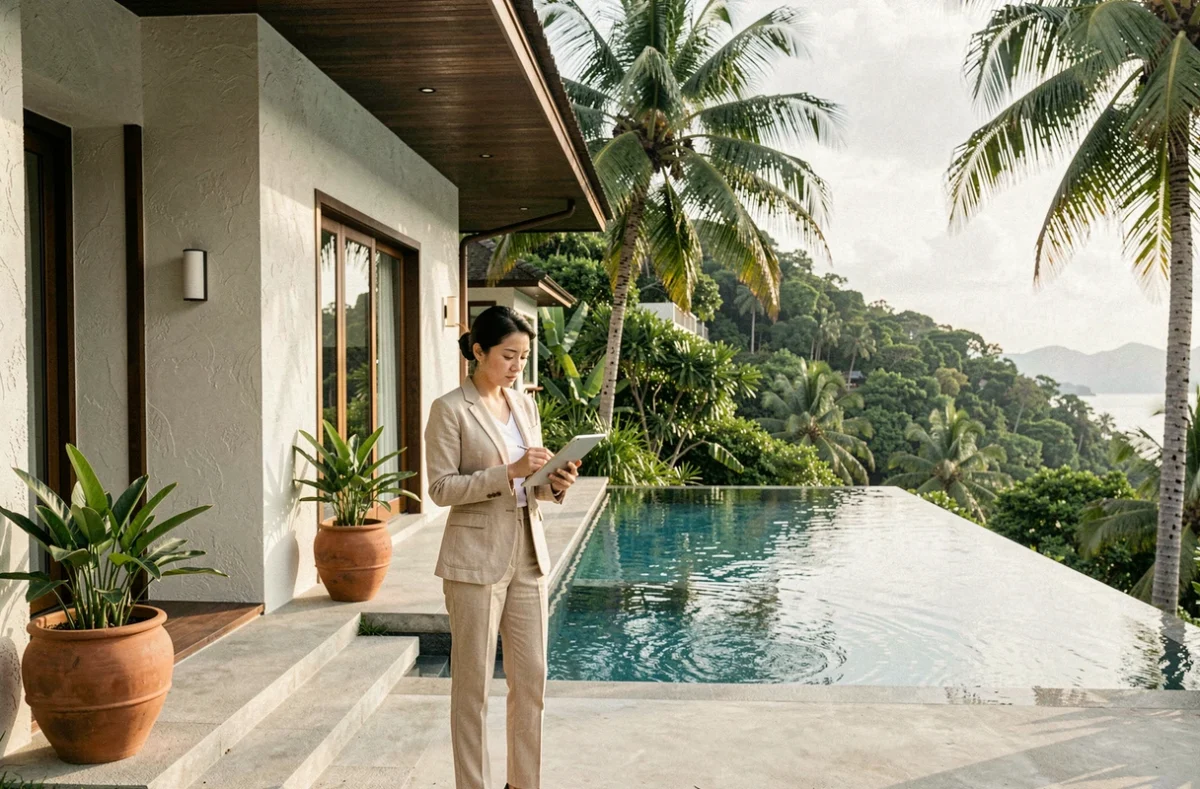 Villa moderne avec piscine à débordement à vendre à Koh Samui, entourée de végétation tropicale luxuriante avec vue sur le golfe de Thaïlande