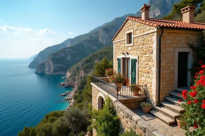 Villa en pierre en bord de mer en Corse du Sud avec vue sur la mer turquoise et terrasse fleurie