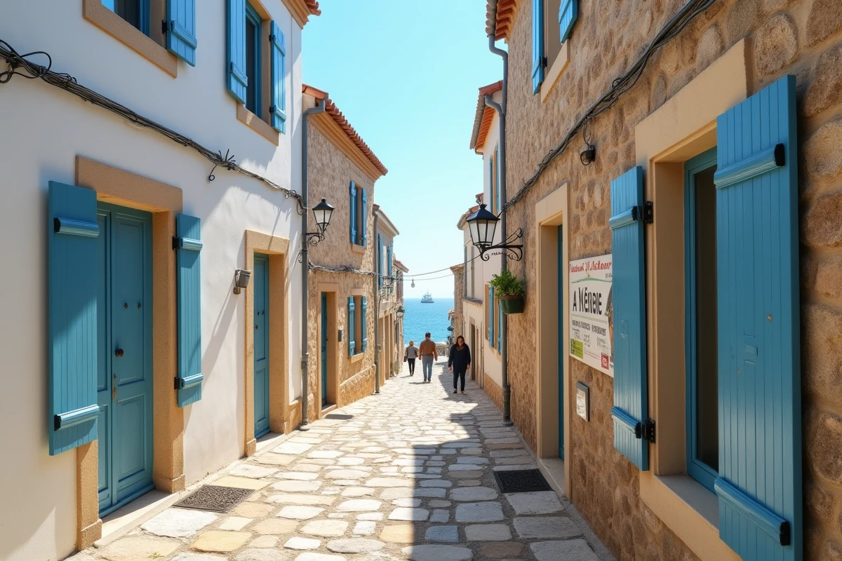 Rue d'un village côtier de Corse du Sud avec panneau maison à vendre et vue sur la mer
