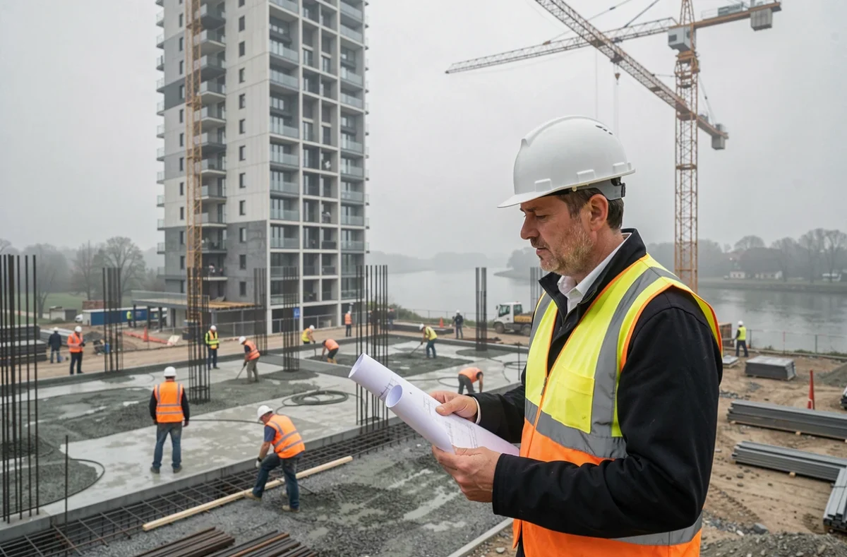 Chantier de construction d'un immeuble résidentiel de Vinci Immobilier à Toulouse avec grue et chef de chantier en gilet jaune