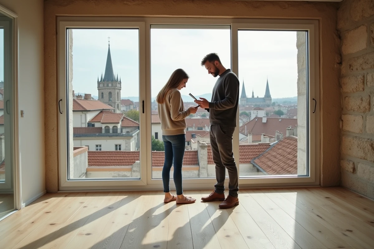 Couple de jeunes investisseurs visitant un appartement à rénover à Lyon pour un projet locatif