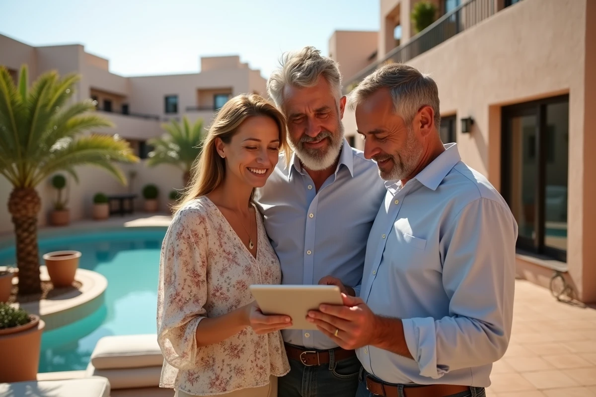 Couple visitant un appartement avec terrasse dans une résidence sécurisée à Marrakech accompagné d'un agent immobilier