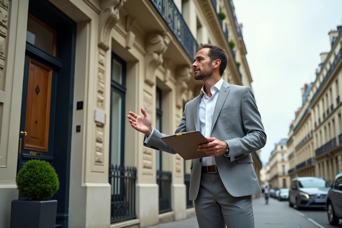 Agent immobilier devant un immeuble de rapport haussmannien lors d'une visite d'acquisition structurée