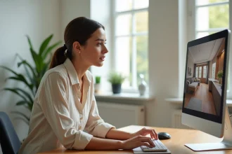 Femme consultant une visite virtuelle 360 d'une maison sur ordinateur bureau moderne