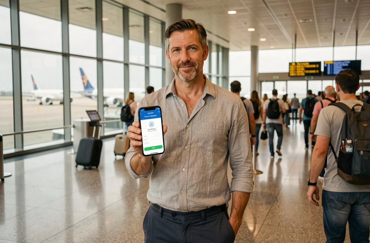 Voyageur consultant une confirmation de paiement sécurisé sur smartphone dans un terminal d'aéroport