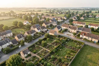 Vue aérienne de maisons et de parcelles dans une ville française