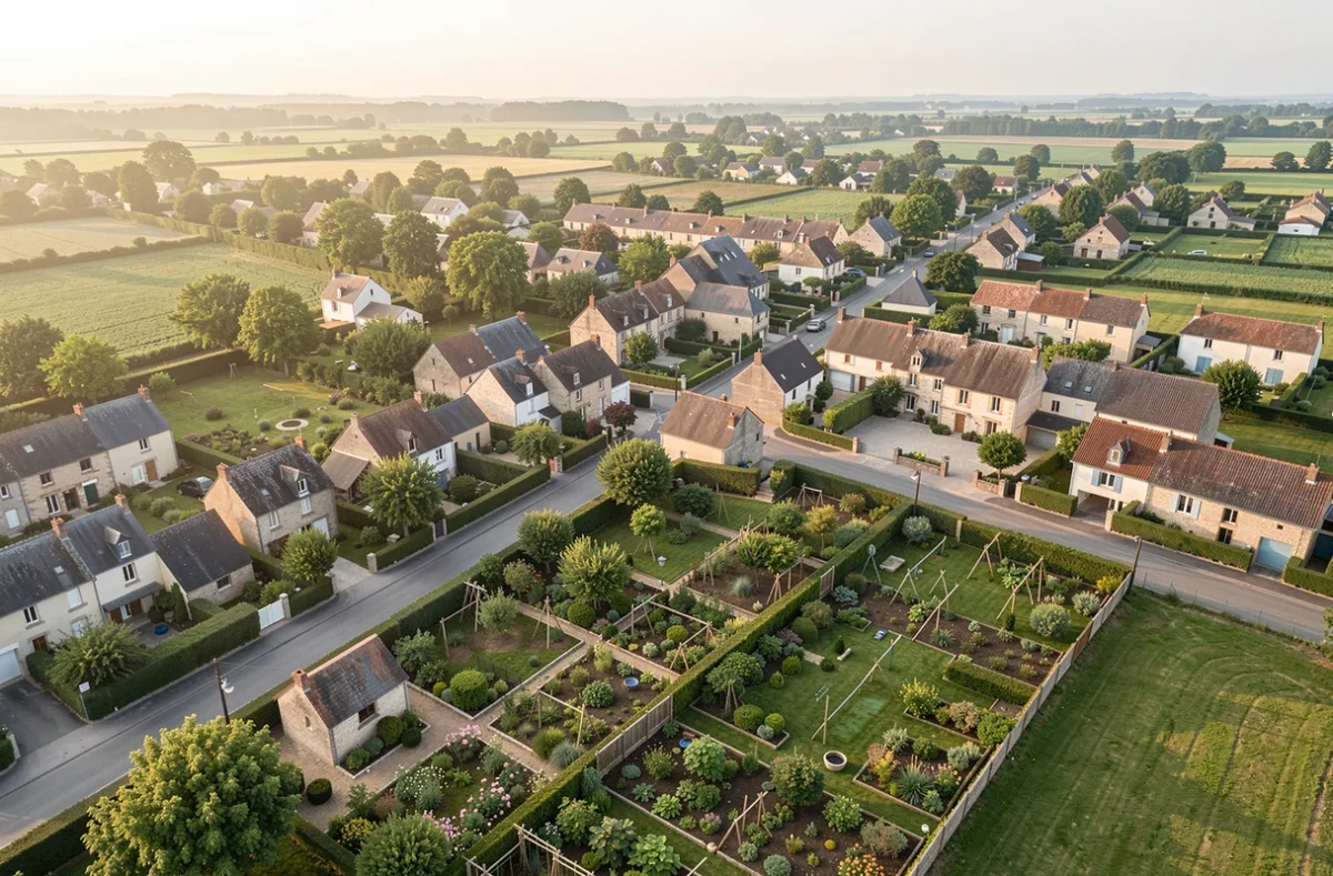 Vue aérienne de maisons et de parcelles dans une ville française